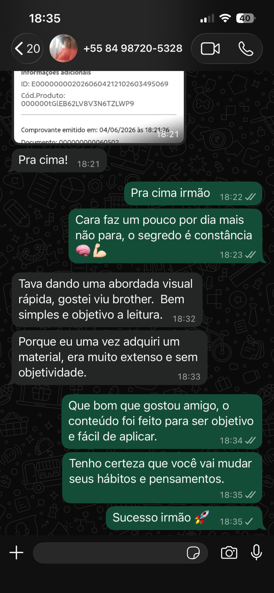 Print de depoimento via WhatsApp